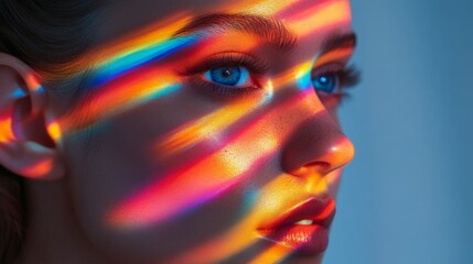 Rainbow light painting illuminating fashion model face