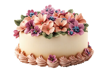 Elegant floral cake delicate sugar flowers pastel pink and peach tones on transparent background