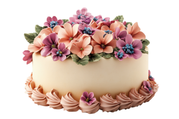 Elegant floral cake delicate sugar flowers pastel pink and peach tones on transparent background