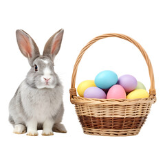 Cute Easter bunny with a basket of colorful painted eggs isolated on transparent background spring holiday celebration
