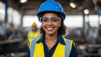 A female engineer or worker wearing a hard hat, goggles and a high visibility vest is smiling to the camera against the background of an industrial plant.