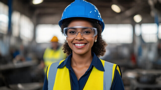 A female engineer or worker wearing a hard hat, goggles and a high visibility vest is smiling to the camera against the background of an industrial plant.