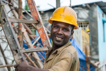 Smiling worker on roof construction on ladder with work uniform an hard hat