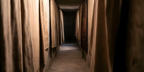A narrow passageway in a forgotten castle, with ancient tapestries hanging crooked on the walls, covered in dust.

