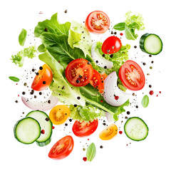 Fresh flying vegetables salad on a transparent background