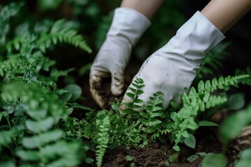 Naklejka premium Hands in gloves tending to ferns in a garden with soil and other green plants around them carefully