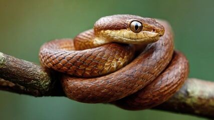 Obraz premium A coiled brown snake sits upon a branch, its eye focused in nature.