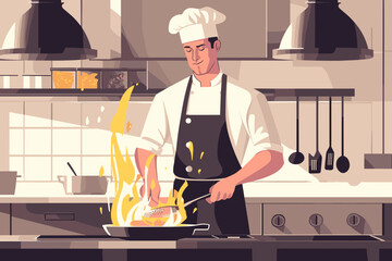 Chef Cooking with Fire in Kitchen – Restaurant Vector Illustration