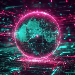 A glowing digital sphere surrounded by neon pink and teal data streams, representing a global cybersecurity network.