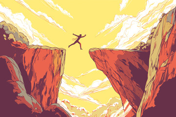 Brave Man Jumping Over Canyon – Achievement and Challenge Concept