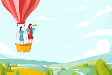 Two Women Exploring from Hot Air Balloon – Adventure and Discovery