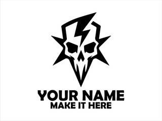 Obraz premium Illustration striking black and white graphic of a skull with lightning bolts on a triangular backdrop. Danger concept, tatoo skull and skull vector logo design