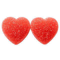 Two red heart shaped gummy candies covered in sugar isolated on transparent background perfect for Valentines Day