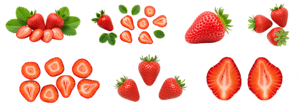 strawberry set png. strawberries fruit top view flat lay isolated. fresh and organic strawberry fruit png. Fresh strawberries PNG for healthy food designs. vegan vegetarian strawberry isolated