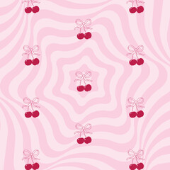 Pattern coquette red cherry with line gift bow. Vector Illustration of pink girly vintage bows and cherries. Cute trendy line art. Red ribbons. Trendy girls decoration. Ice cream background pink color