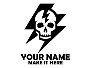 Illustration striking black and white graphic of a skull with lightning bolts on a triangular backdrop. Danger concept,  tatoo skull and skull vector logo design