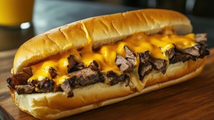 Three cheesesteak sandwiches with onions and cheese sauce, presented on a plate.
