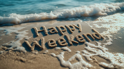 Fototapeta premium Cheerful greeting in sand at the beach with waves rolling in for a relaxing weekend escape