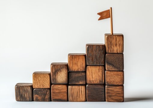 Wooden blocks forming a stairway leading to a flag, symbolizing progress and achievement