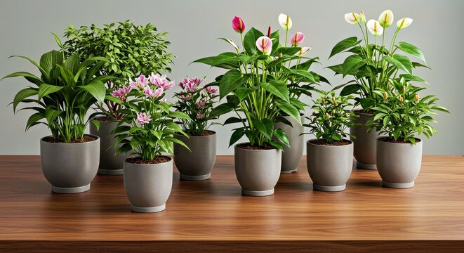 Multiple small houseplants thriving in containers placed tidily across the surface of a smooth wood work desk