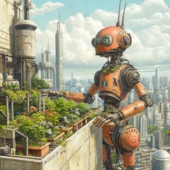 Rusty robot tending rooftop garden in futuristic city