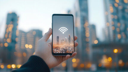 Smartphone displaying 5G connection icon with futuristic city skyline in blurred background during twilight