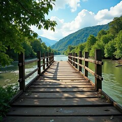 Obraz premium Weathered wooden bridge spanning a swollen river, grunge, weathered