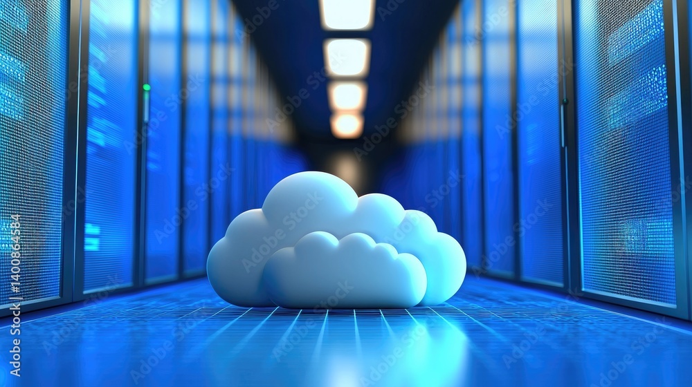 Aufkleber Smooth 3D cloud model placed in a futuristic blue server hallway, symbolizing modern cloud computing, digital storage, and secure infrastructure for IT and technology branding