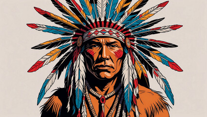 Native american chief tattoo design with tribal headdress