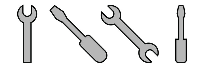 Wrench and screwdriver crossed icon in black and white outline design for tools and repair.