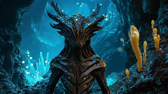 Alien creature emerges from an underwater cave illuminated by bioluminescent flora and blue depths, creating an otherworldly scenery.