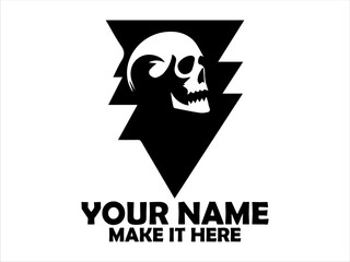 Illustration striking black and white graphic of a skull with lightning bolts on a triangular backdrop. Danger concept,  tatoo skull and skull vector logo design
