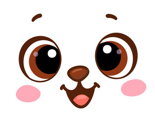Vector image of a cute animal face with large expressive eyes, smiling mouth, pink cheeks, and playful eyebrows. Perfect for children’s products, mascots, or sticker designs