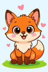 Obraz premium Sweet cartoon fox with big eyes and a smiling face, surrounded by hearts on a pastel background. Perfect for children's products, prints, and greeting card