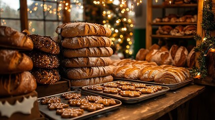Quaint Christmas bakery tray of gingerbread cookies fresh bread loaves stacked twinkling fairy lights overhead warm inviting ambiance high detail shot