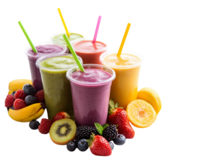 colorful fruit smoothies in plastic cups with straws surrounded by assorted fresh fruits, isolated on transparent background