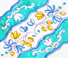 Detail of the traditional tiles from facade of old house. Decorative tiles.Valencian traditional tiles. Floral ornament. 