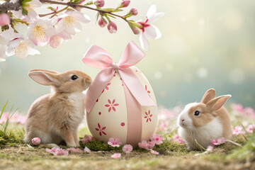 Two cute bunnies with a decorated Easter egg and blooming cherry blossoms spring holiday concept for celebration and greeting cards