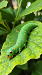 Obraz premium Vibrant Green Caterpillar Crawling on Leaf Surrounded by Lush Foliage and Soft Light in Natural Environment