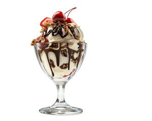 Glass dessert cup filled with vanilla ice cream, isolated on transparent background