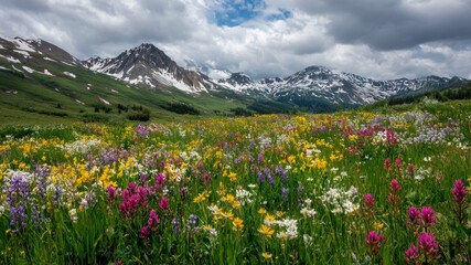 A vibrant wildflower meadow with mountains under a dramatic cloudy sky.