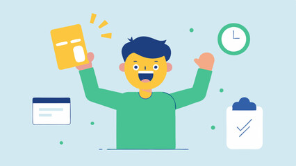 Lottery Scam An of an excited individual holding a fake lottery ticket while a phone rings with a notification stating theyve won big but a clock in the background