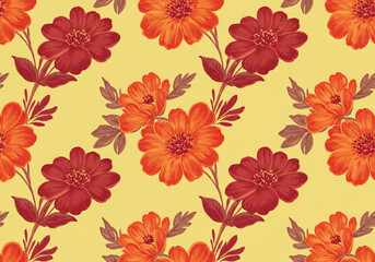 Seamless Red and Orange Floral Pattern on Yellow Background