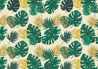Seamless Tropical Leaf Pattern Green Gold Beige Background