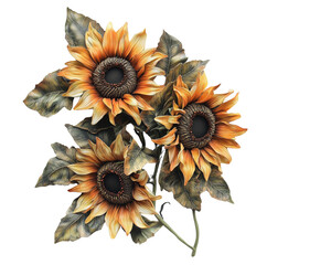 Rustic vintage-style sunflowers with green leaves isolated on transparent background
