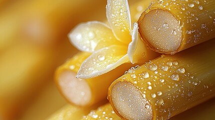 Fototapeta premium Golden Harmony: Dew-Kissed Flower on Bamboo