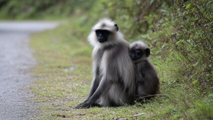 Obraz premium A gray langur monkey hugs her baby in nature, sitting by a road, furry and wild.