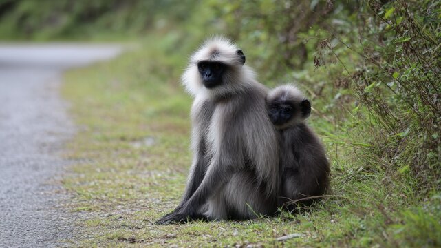 A gray langur monkey hugs her baby in nature, sitting by a road, furry and wild.
