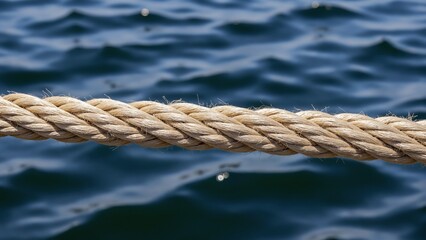 Fototapeta premium Close-Up of Twisted Rope on Bridge, Capturing the Texture and Details of a Strong Natural Material against a Scenic Water Background