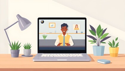 Flat Design Illustration of Virtual Meeting on Laptop in Home Office Workspace